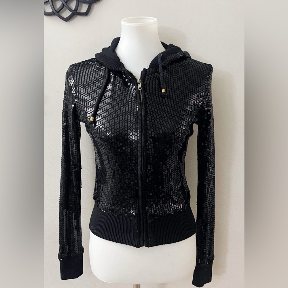 Vintage Y2K Forever 21 Black Sequin Zip-Up Hoodie Casual Party Yoga Dance